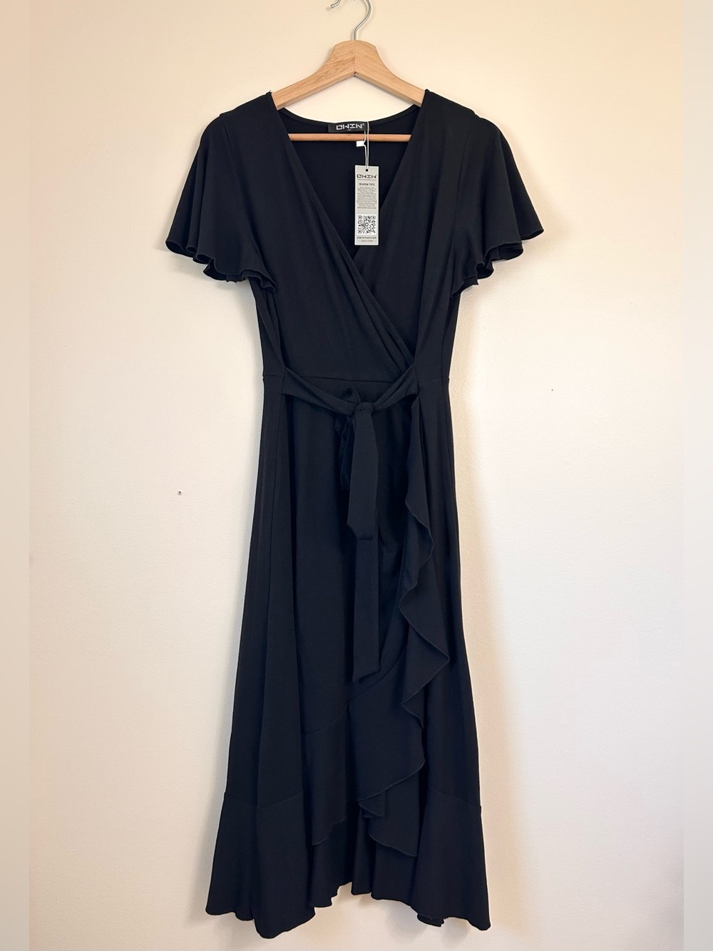 NWT Black Mock-Wrap Maxi Dress with Ruffle Details and Deep V Neckline | Medium